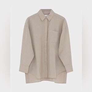 Scandinavian designer tan linen Beige button down long sleeved shirt neutral 6